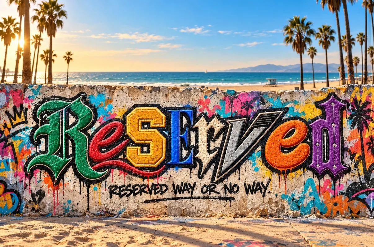 The Reserved logo painted on a graffiti wall at a Southern California beach
